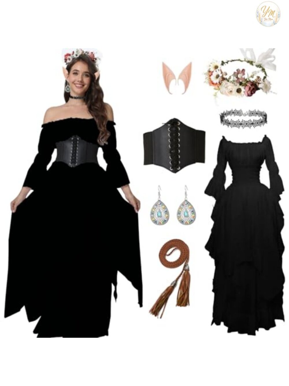 7 PC Renaissance Medieval Costume Set Dress Corset Belt Flower Crown Necklaces